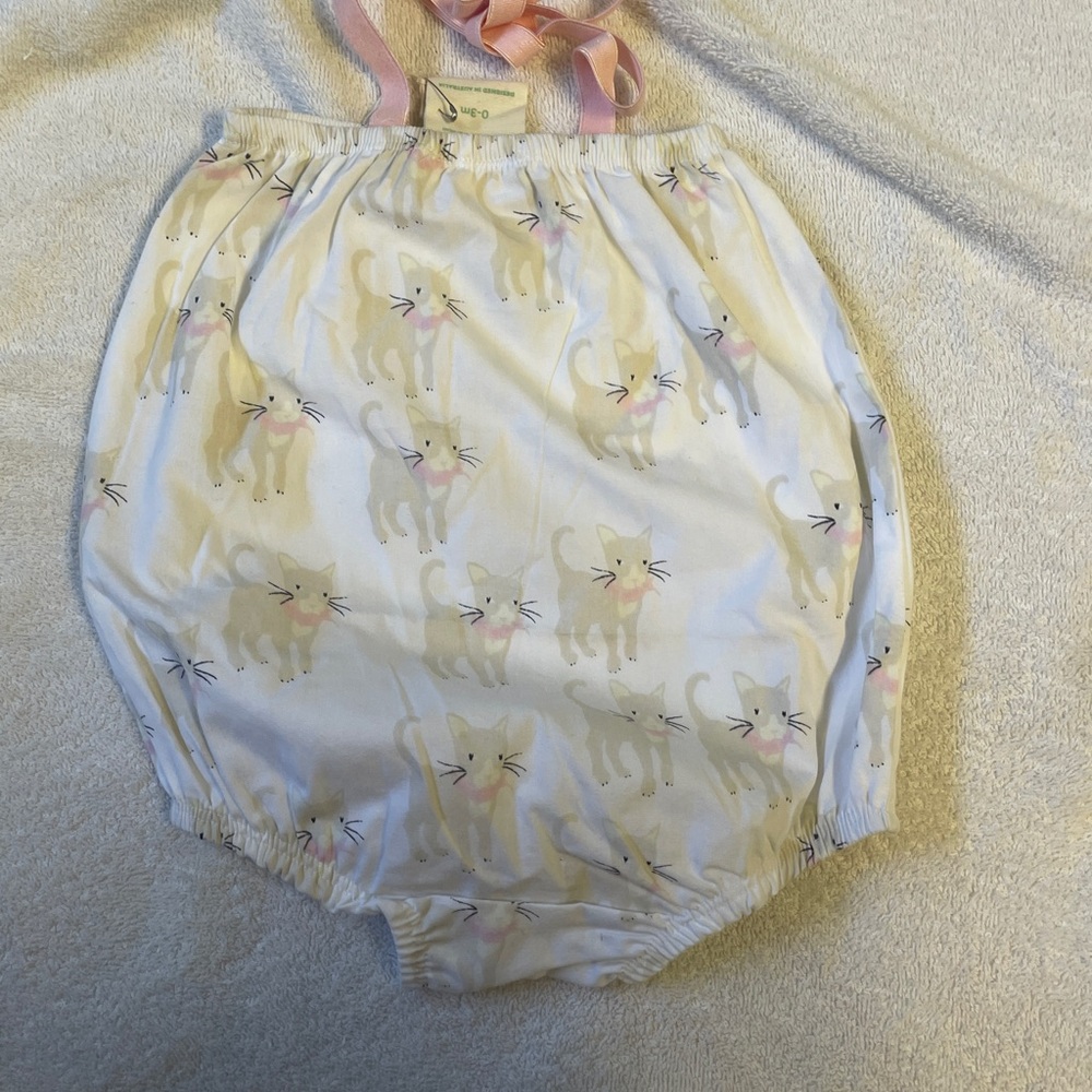 Adorable Sapling Cat Print Kids Romper with ribbon, NWT